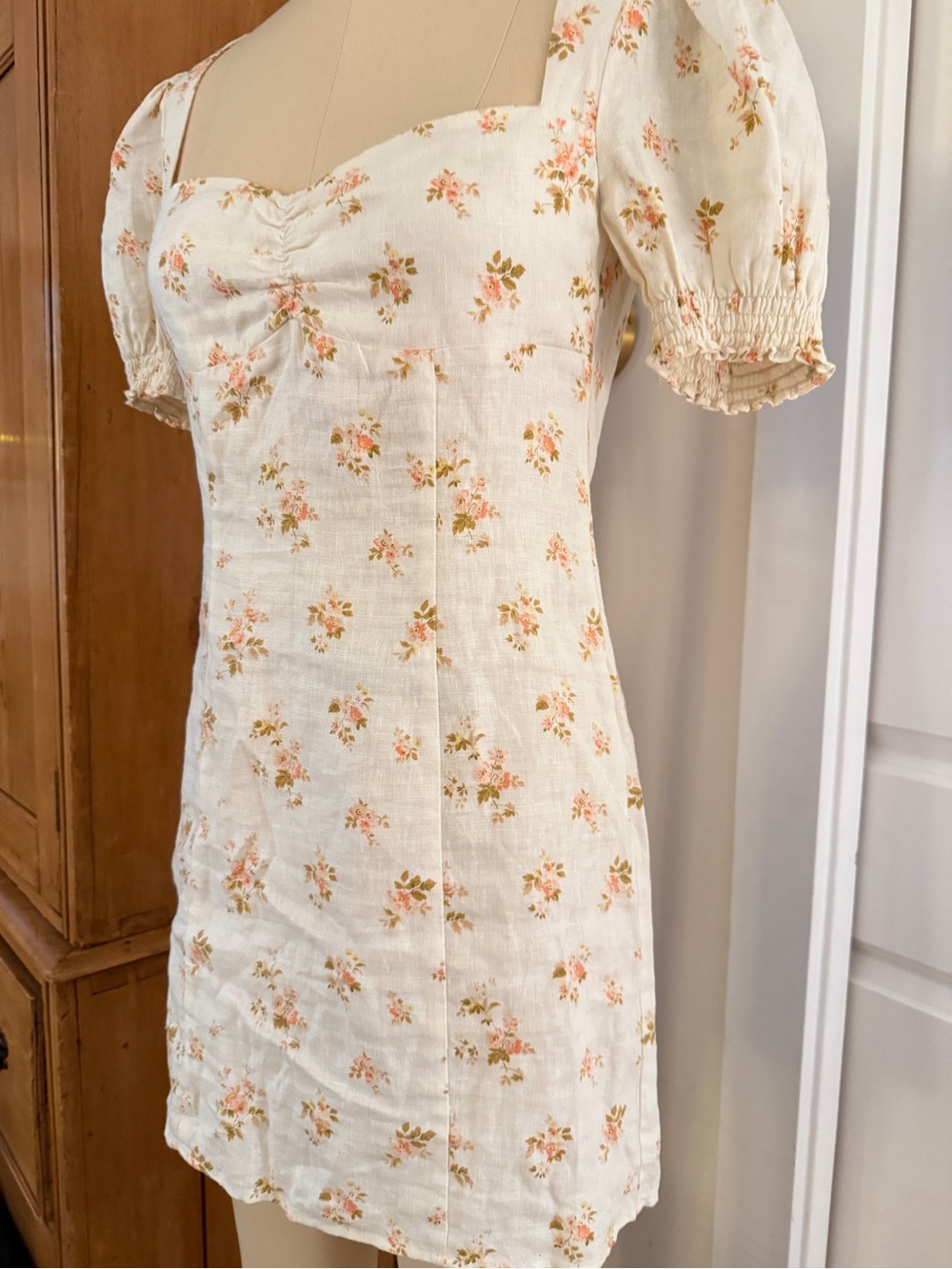 Reformation Gina Cream Floral Square-Neck Puff Sleeve Linen Mini Dress BWT - Picture 5 of 16
